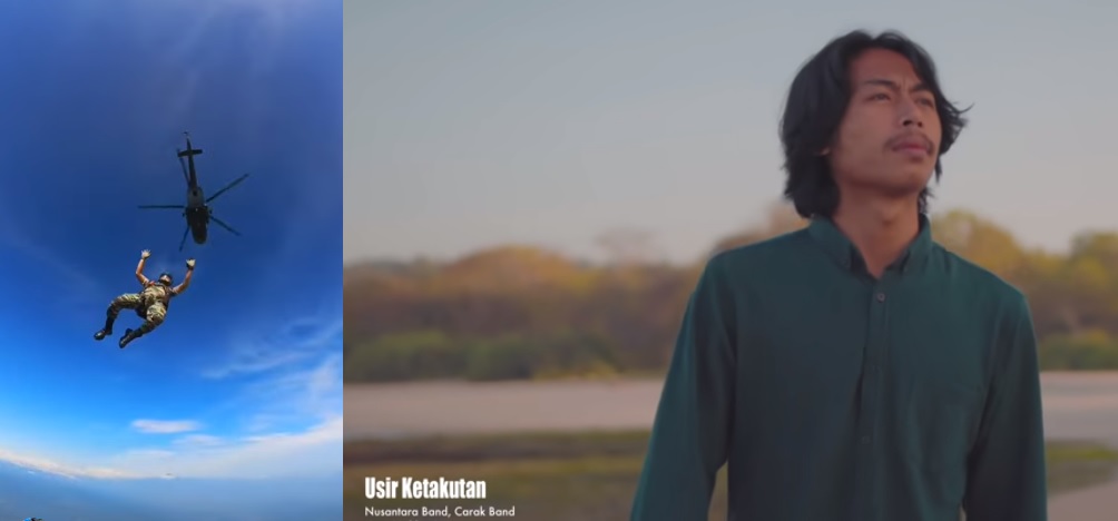 Aksi ekstrem terjun payung yang diunggah oleh akun tentara (kiri) dengan mengunakan latar lagu Usir Ketakutan karya Fai Kencrut di Akun YouTube @FaiOfficialPatani.