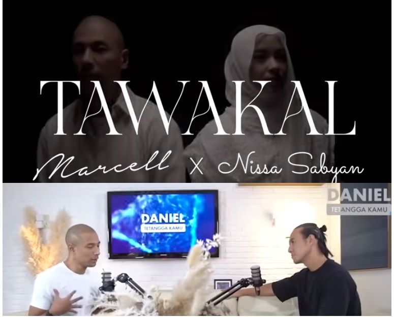 Thubmail Lagu Tawakal di channel Youtube Nisa Sabiyan (Atas) dan Podcast Marcell di Channel Daniel Tetangga Kamu (Bawah).