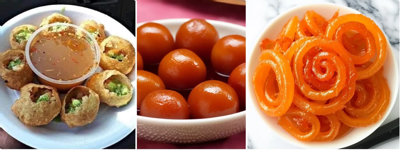 Kolase cemilan India dari wikipedia. Nampak ada Jalebi, Gulab Jamun dan Pani Puri.