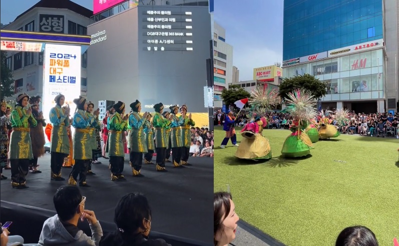 Kolase Pertunjukkan Tari Saman dan Tari Ondel-ondel dari Indonesia pada Daegu Festival di Korea Selatan.