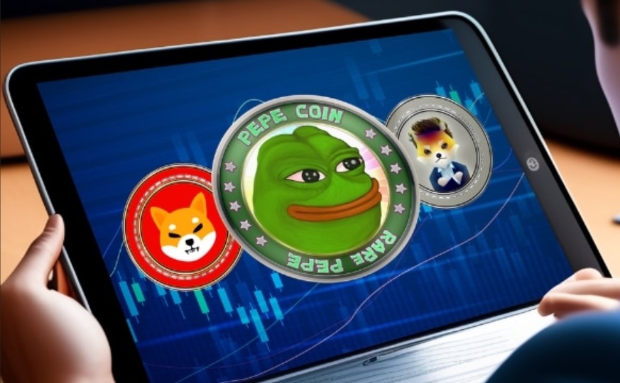 Ilustrasi logo Coin Meme PEPE dan Shiba Inu.
