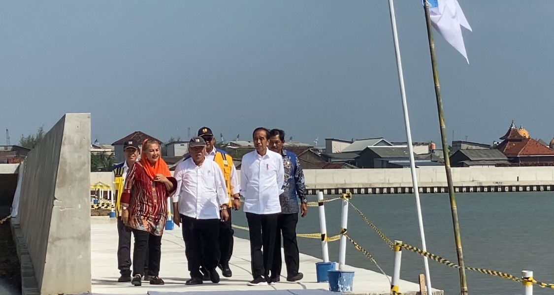 CEK PEMBANGUNAN : Presiden Joko Widodo ketika melihat pembangunan sheet pile di Kawasan Tambaklorok, Semarang Utara, Senin (17/6).