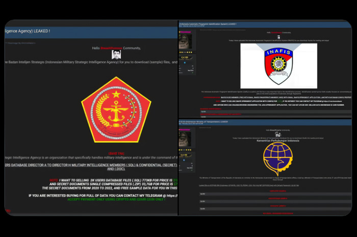 Tangkapan layar, data sensitif dari BAIS, INAFIS dan Kemenhub diduga bocor, dan dijual di Dark Web.