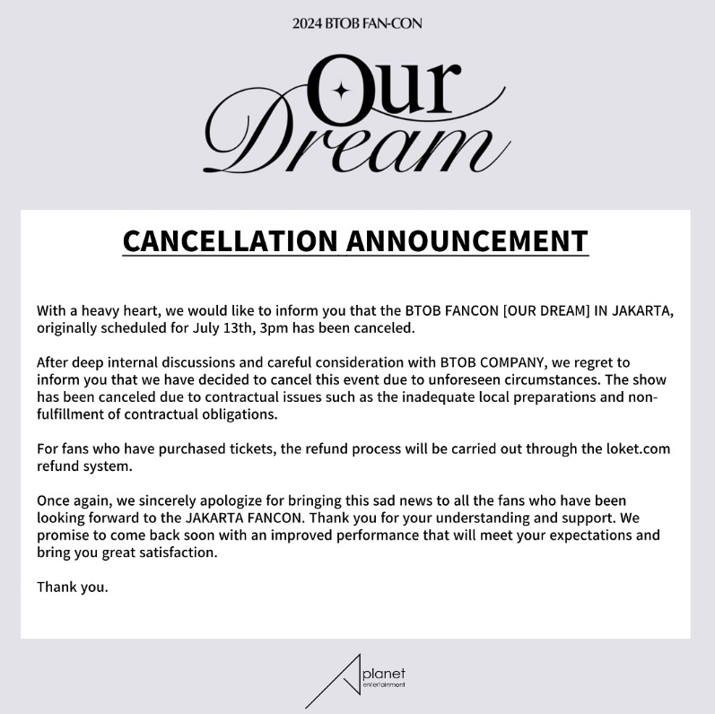 Pengumuman pembatalan BTOB FANCON [OUR DREAM]