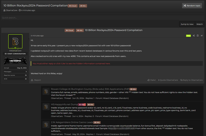 Tangkapan layar yang mengungkapkan kebocoran data 10 miliar password di forum hacker.