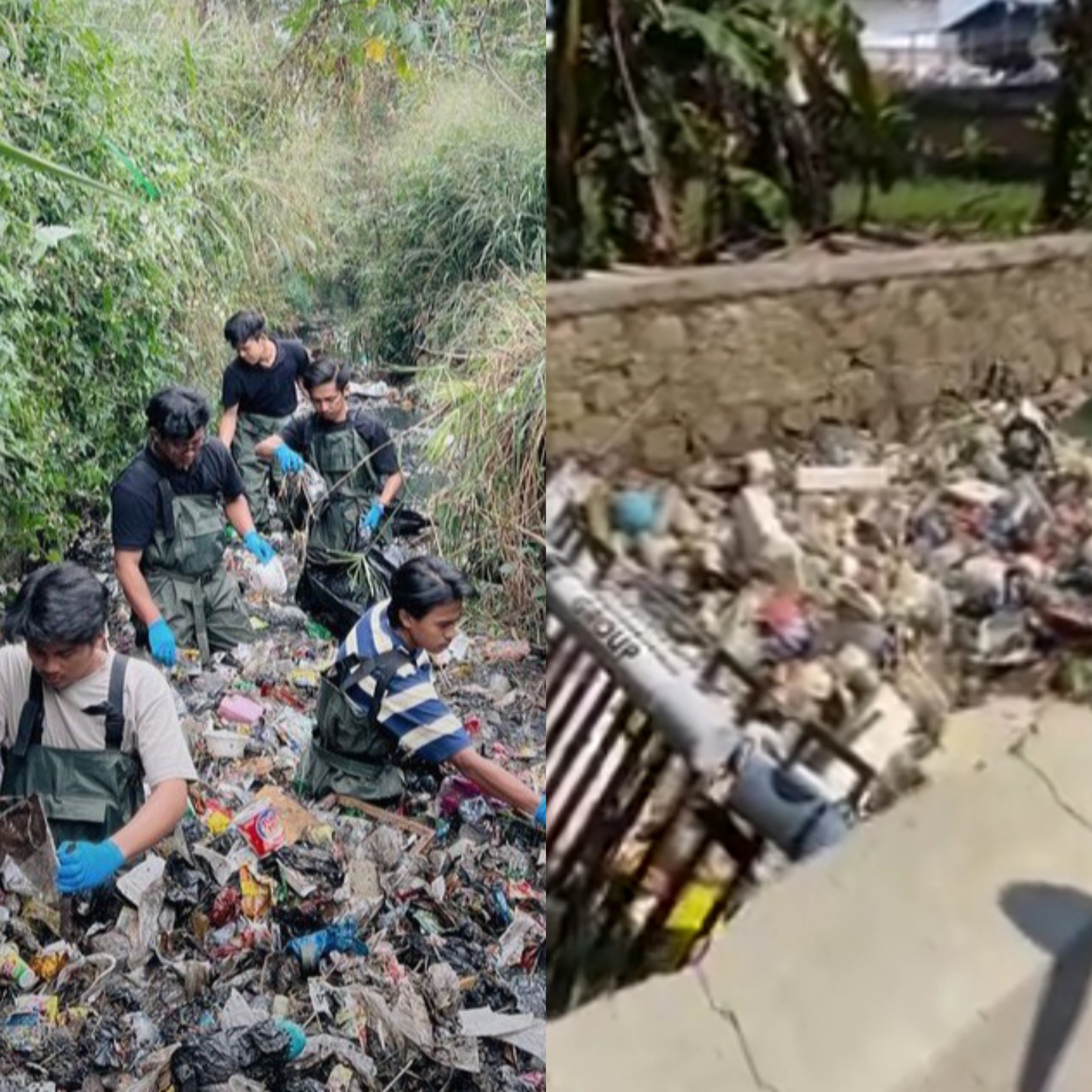 Warga di sekitar Sungai Citarum mencari Pandawara Group (kiri) untuk kembali membersihkan sungai yang telah penuh dengan  sampah (kanan)