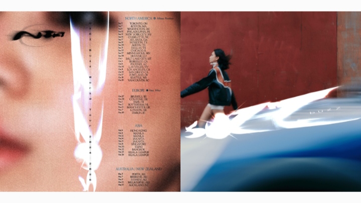 Poster Buzz World Tour (kiri) dan cover album Buzz dari NIKI (kanan).