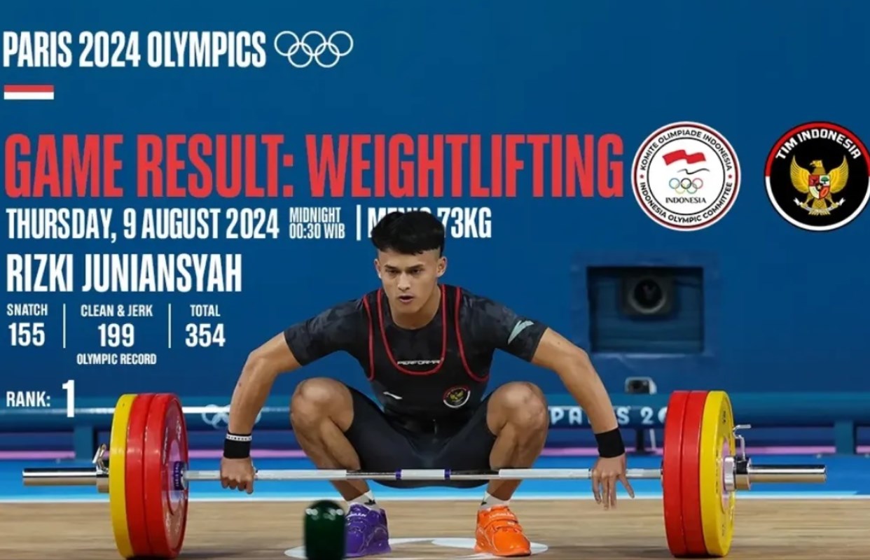 Rizki Juniansyah selepas berhasil mengangkat 199 kg clean and jerk. (NOC Indonesia)