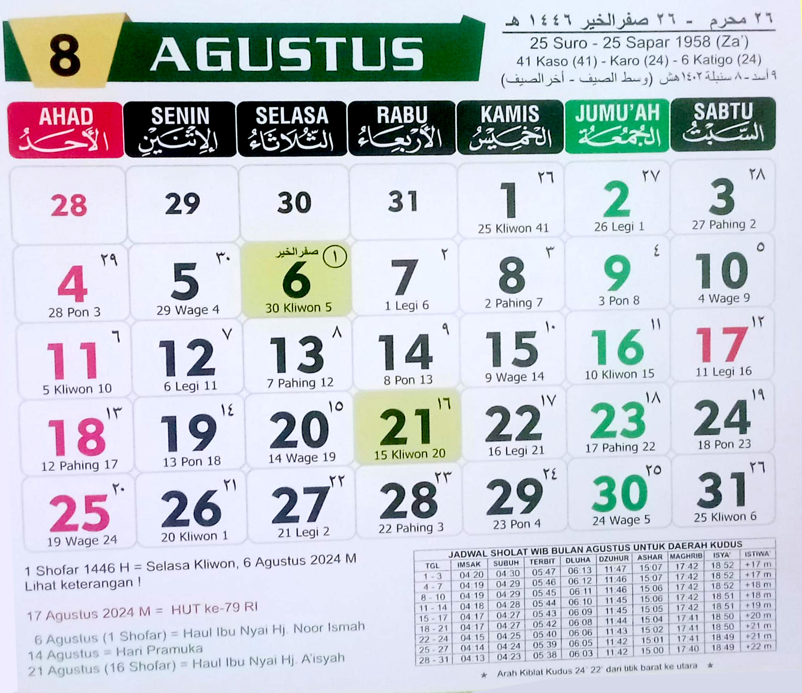 Kalender bulan Safar 1446 H.