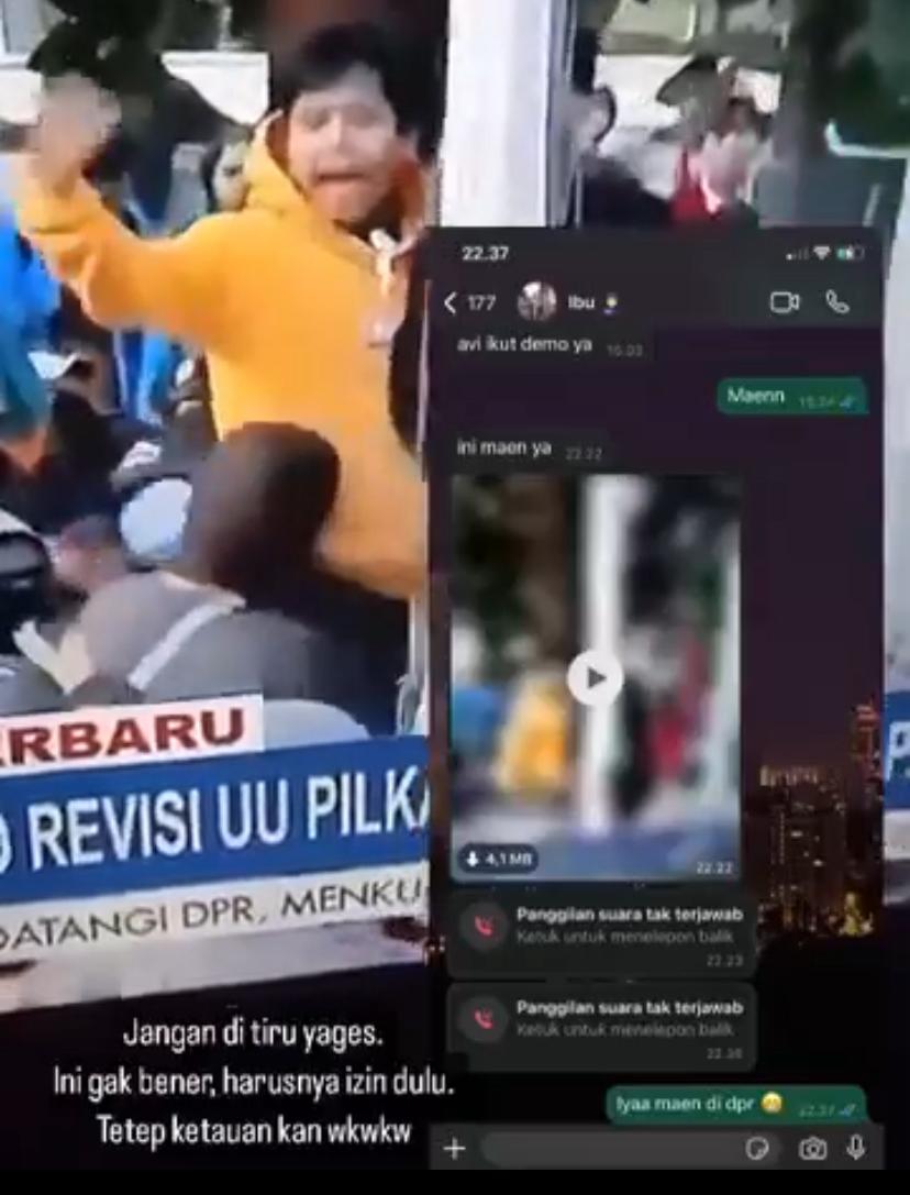 tangkapan layar video viral seorang anak diduga bernama Avi ketahuan ikut demo oleh ibunya yang menonton tayangan televisi