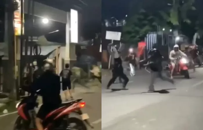Dua orang remaja dari gengster saling serang menggunakan clurit yang sudah dimodifikasi.