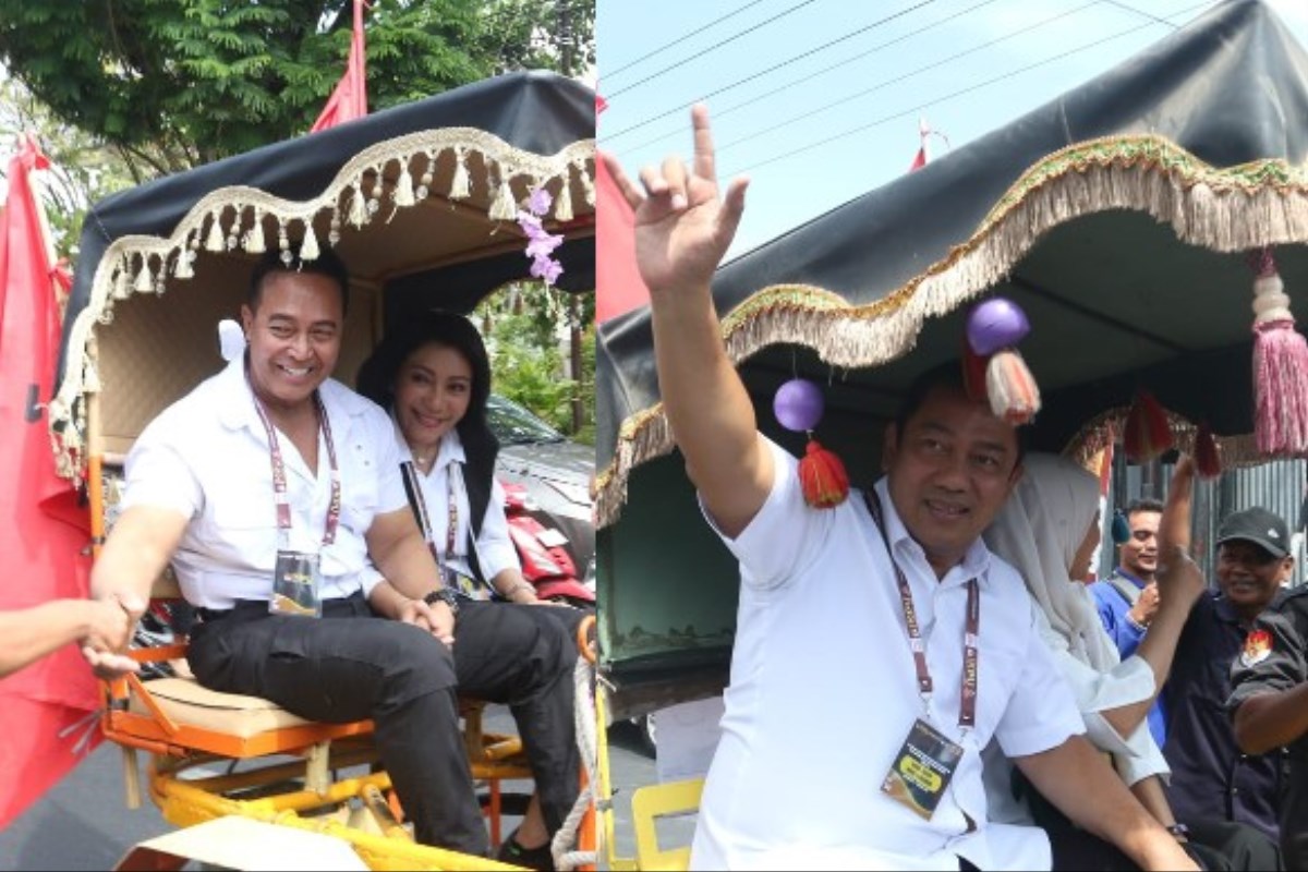 Andika-Hendi datang menuju kantor KPU Jateng dari panti Marhaen Semarang naik delman dan dikawal ratusan kader.