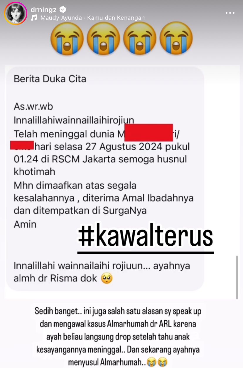 ucapan bela sungkawa dari @drningz terhadap ayah mendiang dr Aulia Risma Lestari