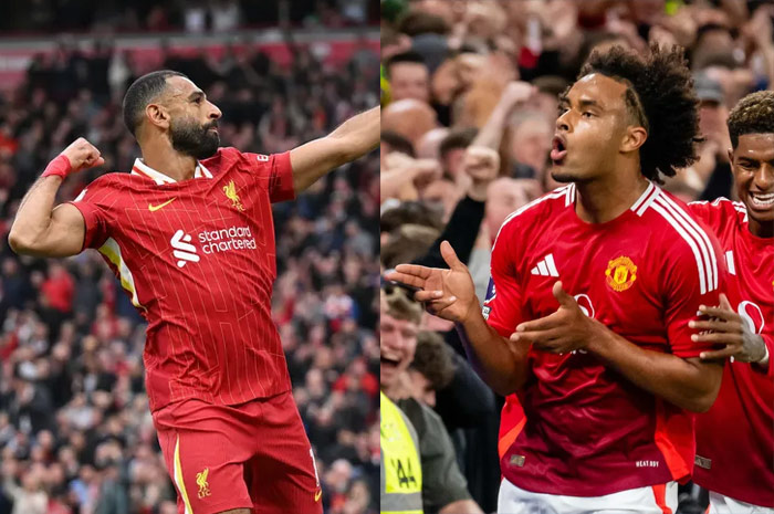 Selebrasi Mohammed Salah dan Joshua Zirkzee usai mencetak gol untuk timnya.