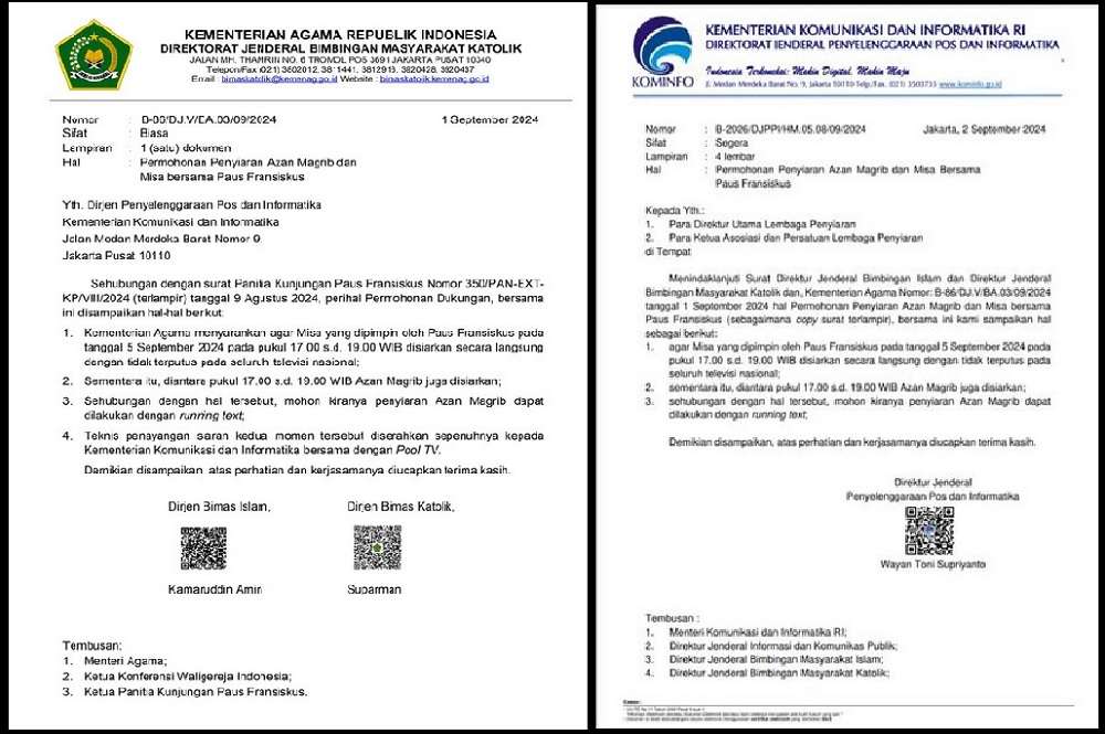 Surat permohonan yang berkop Kemenag dan Kominfo terkait mengganti penayangan adzan Magrib dengan running text selama Misa Paus Fransiskus di Stadion GBK.