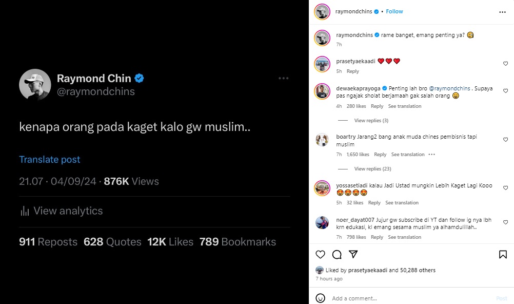 Cuitan Raymond Chin di akun x / twitter yang diposting ulang di akun Instagramnya.