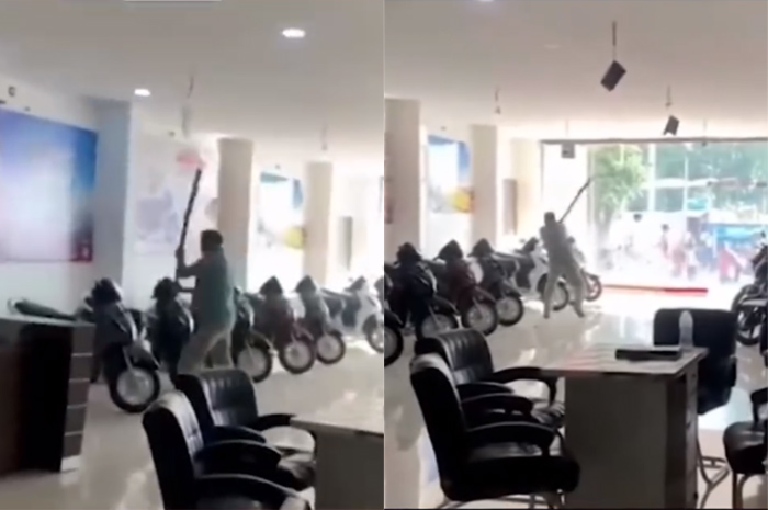 Tangkapan layar video viral seorang pria ngamuk merusak deretan motor yang dipajang di delaer motor.
