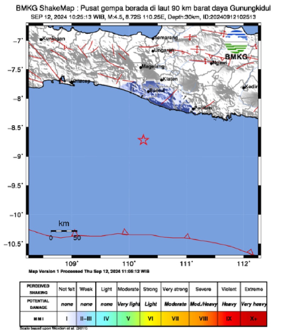 Info Gempa di Gunungkidul, Yogyakarta, Kamis 12 September 2024.