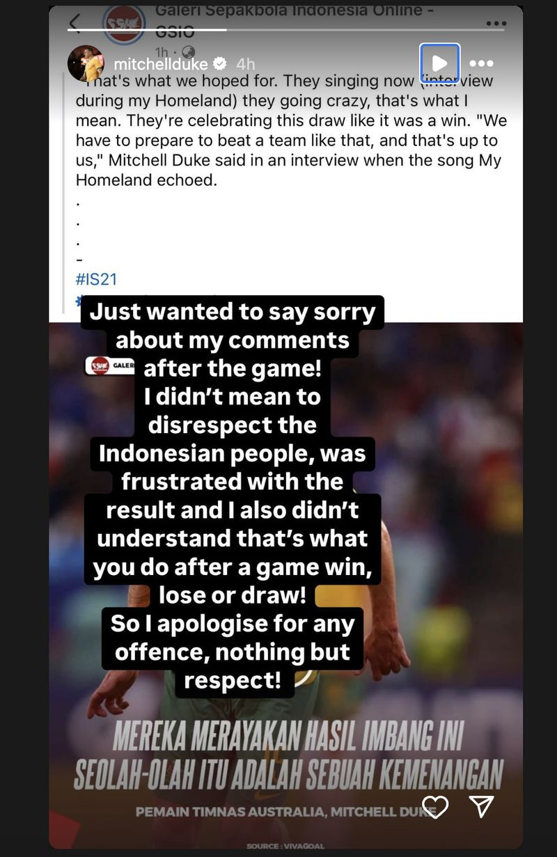 IG Mitchell Duke yang meminta maaf kepada fans Skuad Garuda. (tangkapan layar IG Mitchell Duke)