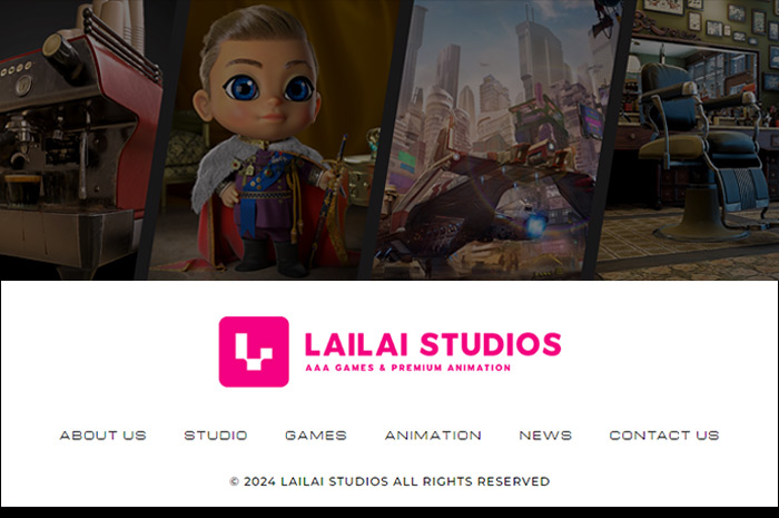 Header Brandoville Studios dan Footer situs web LAILAI Studios saat masih bisa diakses.