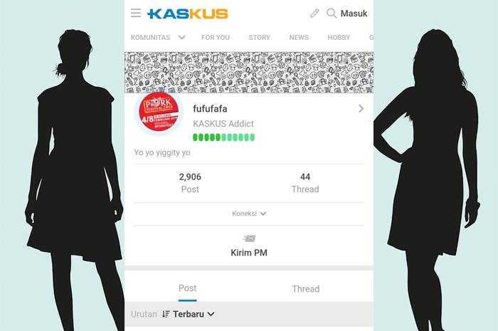 Akun Fufufafa di platform Kaskus dan ilustrasi siluet artis cantik.