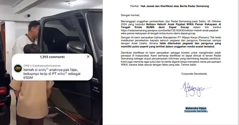 Tangkap layar konten Tiktoker Kevin Satria dan Surat Kalrifikasi PT WIKA.