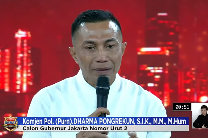 Komjen. Pol. (Purn). Dr. Drs. Dharma Pongrekun, S.I.K., M.M., M.H., saat acara di debat Pilgub Jakarta, pada Minggu (06/10) malam.