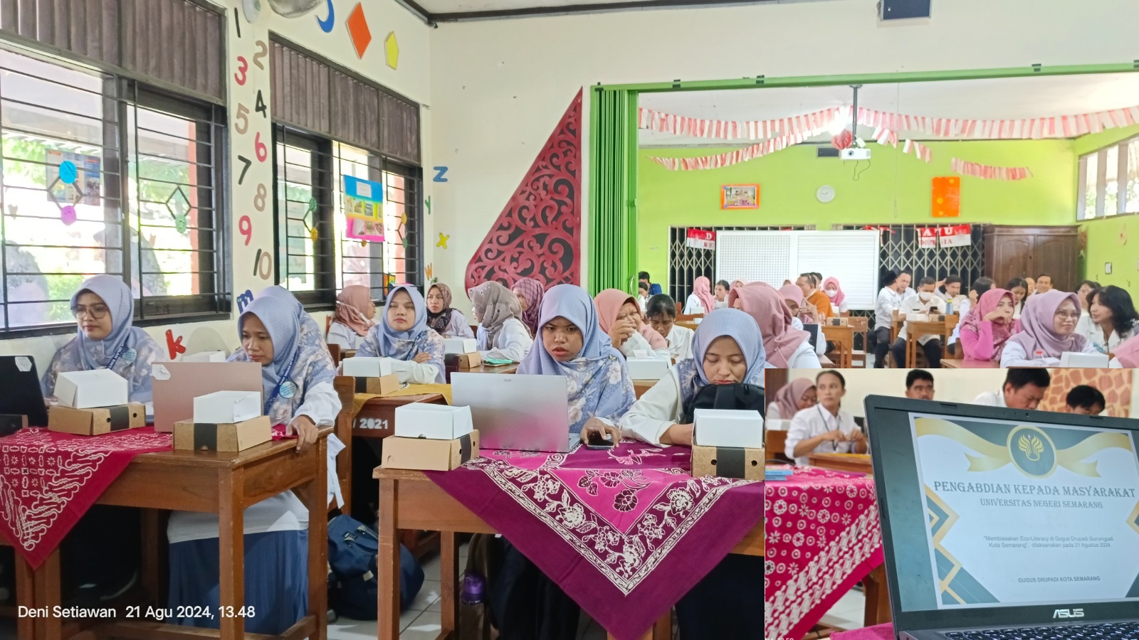 Para Guru SD yang menjadi pesertakegiatan &ldquo;Membiasakan Eco-Literacy di Gugus Drupadi Gunungpati Kota Semarang&rdquo;, dengan pelaksana Deni Setiawan, Sukarir Nuryanto, Isa Ansori, Ni Kadek Aris Rahmadani.