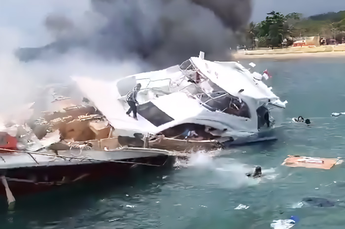 Tangkapan layar video viral Speedboat meledak.
