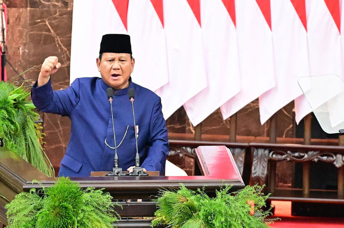 Momen pidato perdana Prabowo Subianto usai dilantik menjadi Presiden Indonesia ke-8 di Gedung Nusantara, Kompleks Parlemen Senayan, Jakarta, Minggu, 20 Oktober 2024.