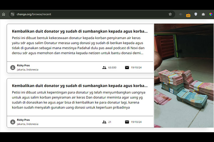 Tangkapan layar petisi kembalikan uang donasi yang diberikan Agus Salim korban penyiraman air keras.