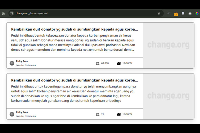 Tangkapan layar petisi pengembalian uang donasi yang diberikan Agus Salim korban penyiraman air keras.