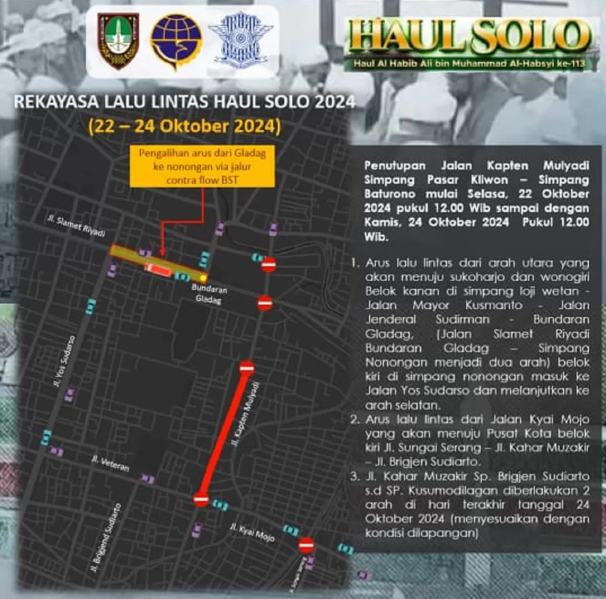 Jalan Kapten Mulyadi Solo (lini merah) yang akan ditutup dan rute pengalihan yang disiapkan Dinas Perhubuntan Kota Solo.