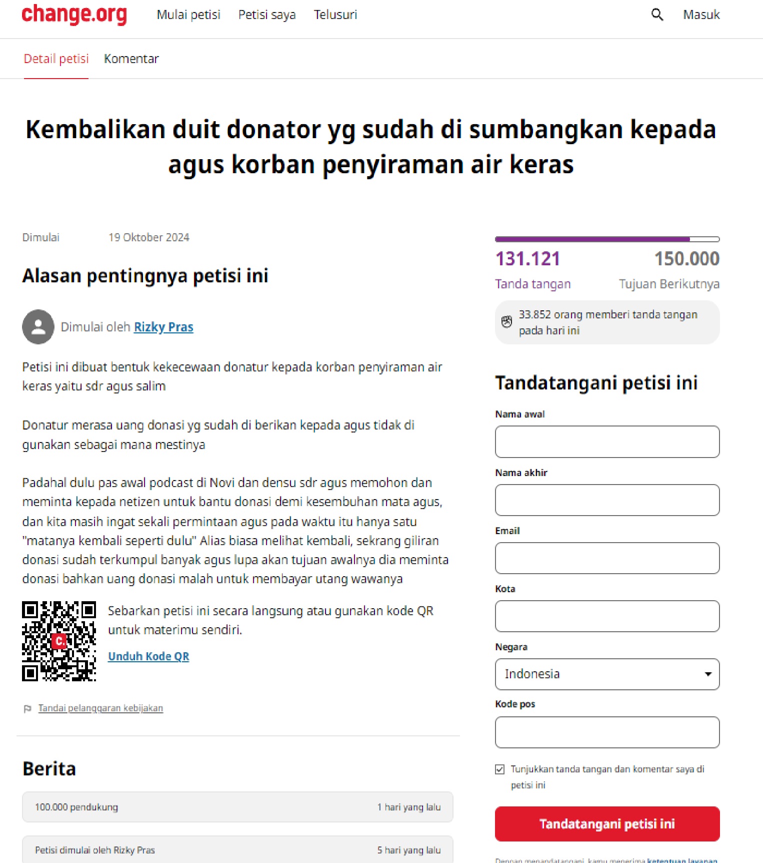 Petisi online yang dilakukan oleh warganet di change.org