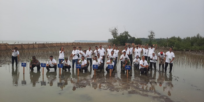 TANAM MANGROVE :  Dirut PT Telkom Indonesia Ririek Adriansyah memimpin penanaman 10 ribu pohon mangrove di Pantai Glagah Wangi, Desa Tambak Bulusan, Kecamatan Karangtengah, Kabupaten Demak.