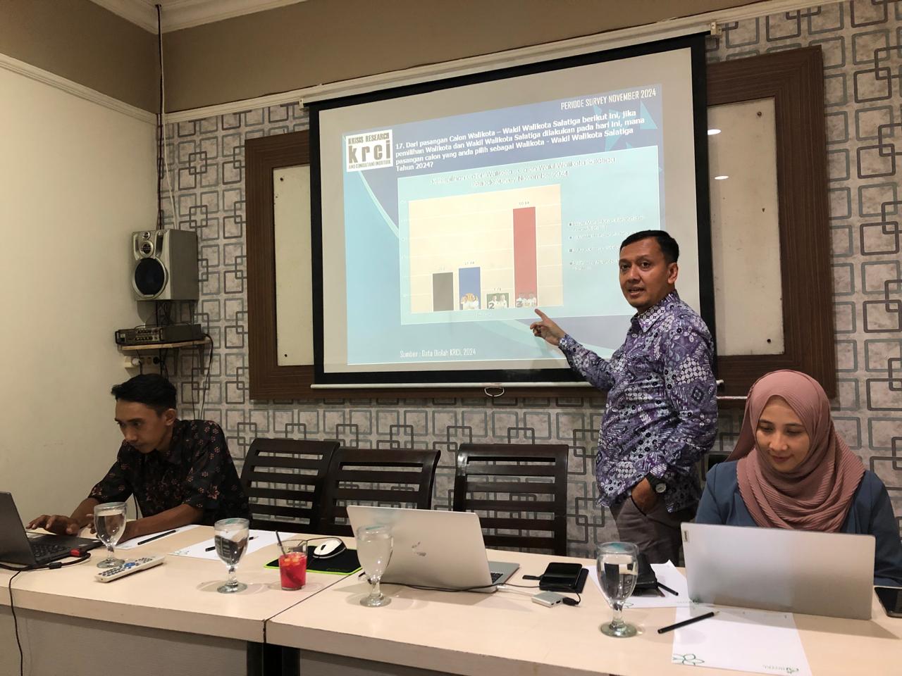 Direktur KRCI Suwignyo Rachman sedang memaparkan hasil survey terbaru Pilwalkot Salatiga