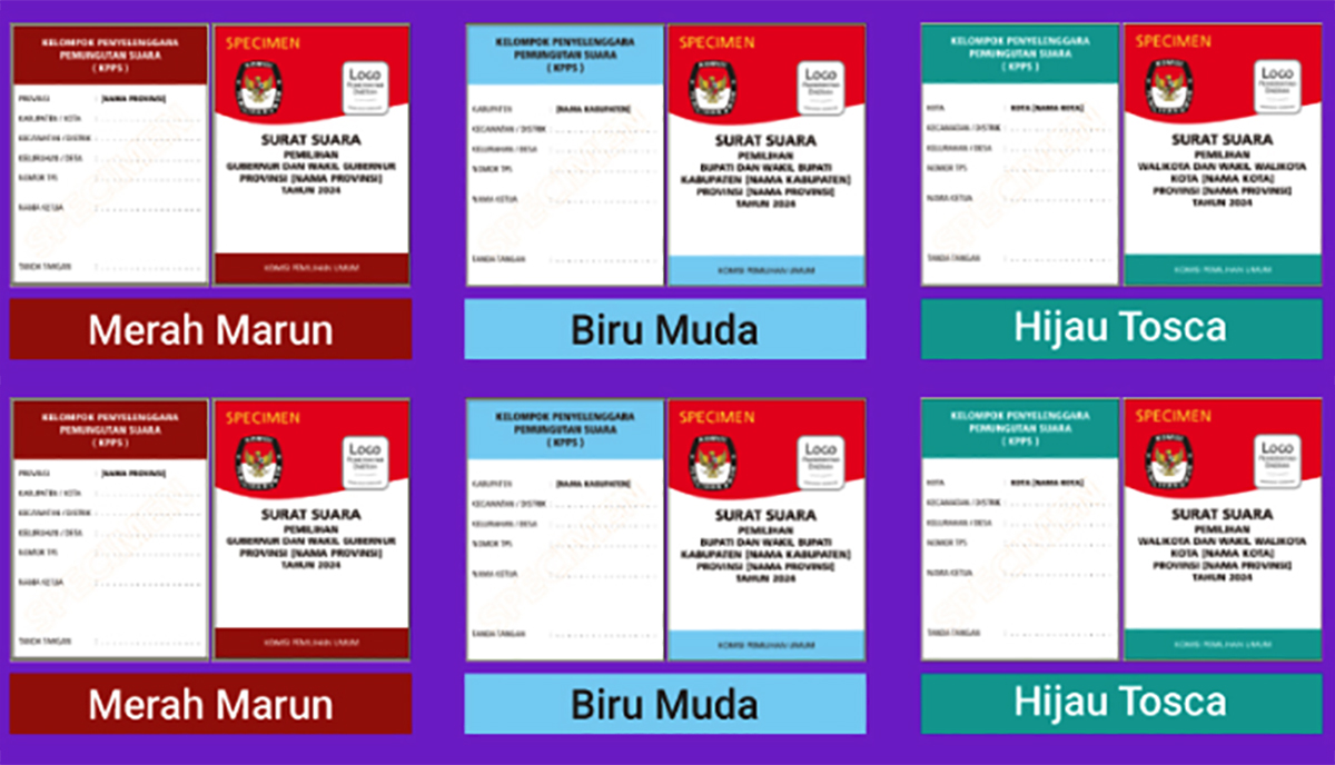Surat Suara Pilkada 2024 untuk memilih Bupati Wakil Bupati, Walikota Wakil Walikota dan Gubernur Wakil Gubernur.