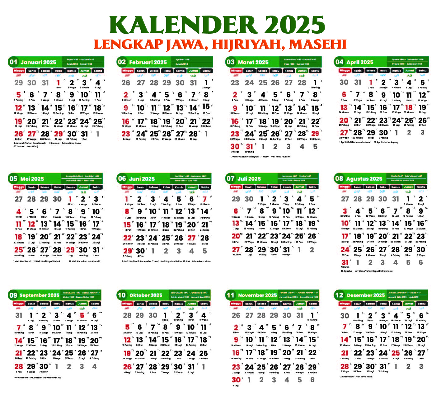 Kalender 2025 Lengkap dengan Pasaran Bulan Jawa, Hijriyah dan Masehi.