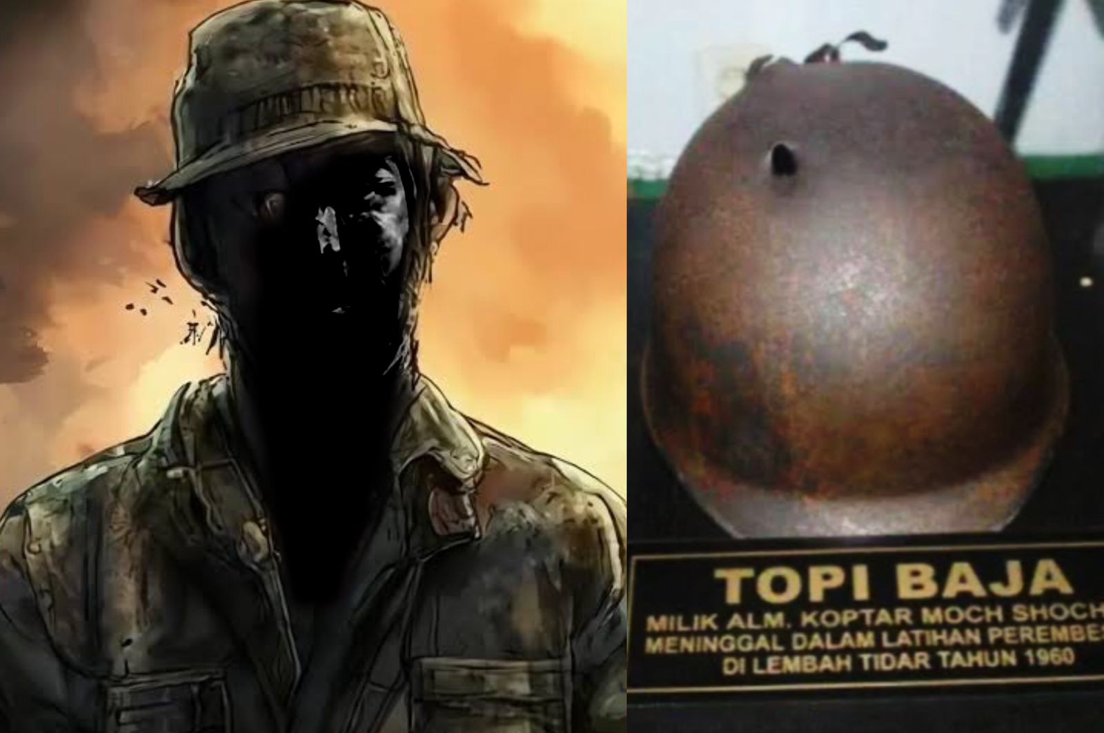 Ilustrasi Hantu Tentara dan Potret Topi Baja yang Dikenakan Almarhum M.Shocheh