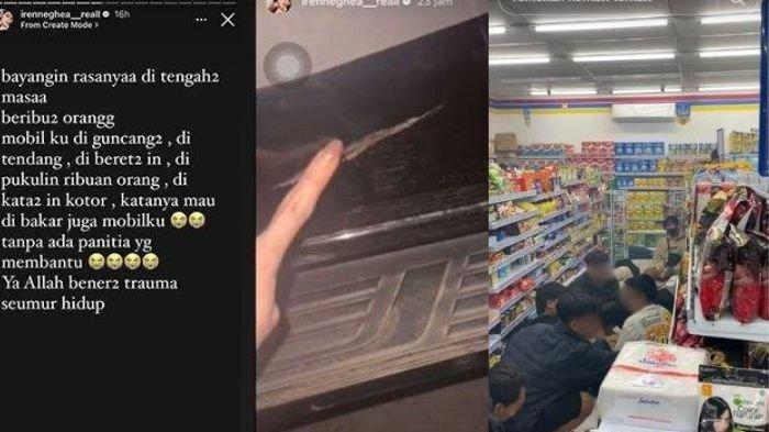 Kondisi mobil Irenne Ghea yang penuh baretan serta kondisi di dalam minimarket yang penuh dengan sekelompok orang yang tiduran.