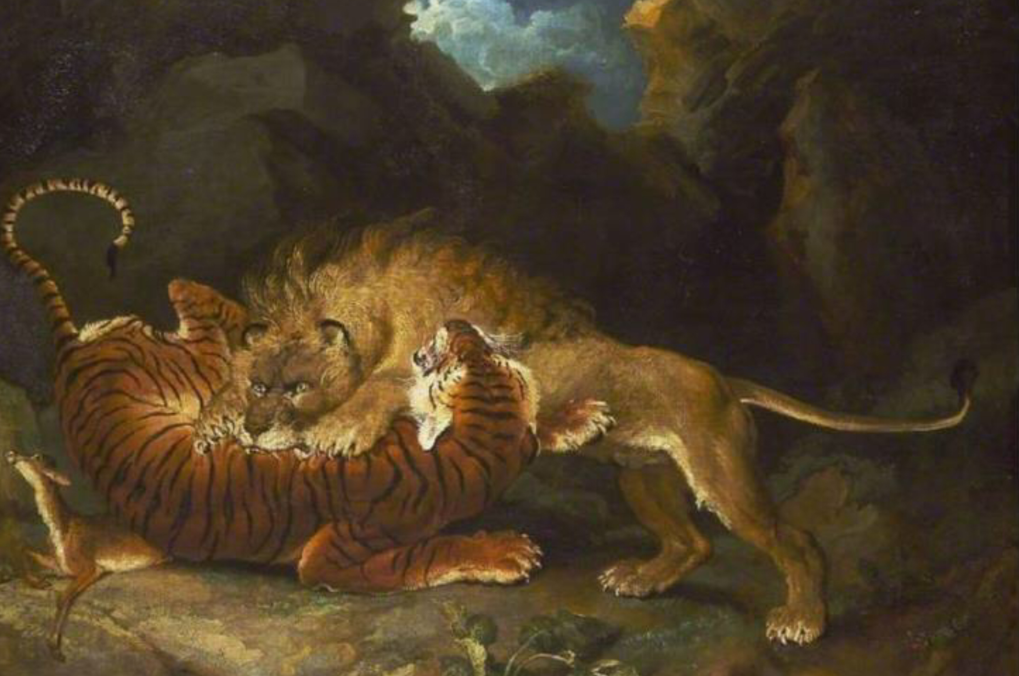 Lukisan kuno karya James Ward tentang pertarungan antara singa dan harimau