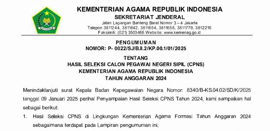Pengumuman CPNS Kemenag tahun anggaran 2024.