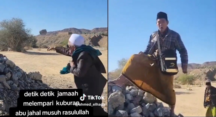 Seorang jamaah Indonesia nampak marah-marah di atas kuburan Abu Jahal. Bahkan ada yang melempar batu.