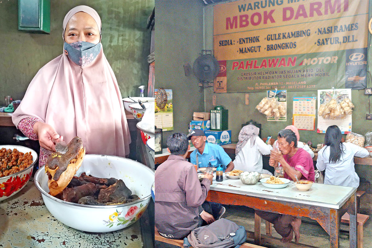 Pengunjung tengah menikmati menu yang disuguhkan di Warung Mbok Darmi. Anak Mbok Darmi menunjukkan kepala kambing olahannya. Rifda Nabila/Jawa Pos Radar Semarang