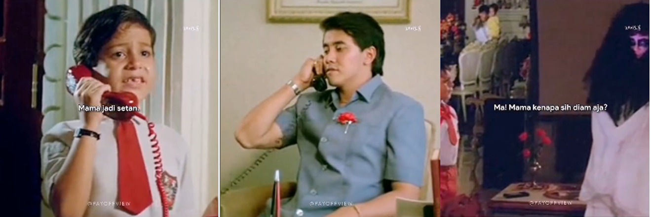 Potongan adegan dari film horor klasik Indonesia, Malam Satu Suro (1988), yang menampilkan dialog legendaris: "Pa, Papa cepat pulang, Pa. Mama jadi setan."