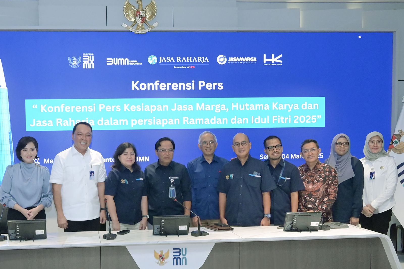 Konferensi Pers Kesiapan Jasa Marga, Hutama Karya, dan Jasa Raharja dalam Persiapan Ramadan dan Idul Fitri 2025&rsquo; yang digelar di Media Center Kementerian BUMN, Jakarta, pagi ini.