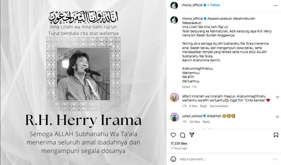 Akun resmi Instagram @rhoma_official mengumumkan bahwa R.H. Herry Irama, yang merupakan adik dari Rhoma Irama atau "Raja Dangdut", telah meninggal dunia.