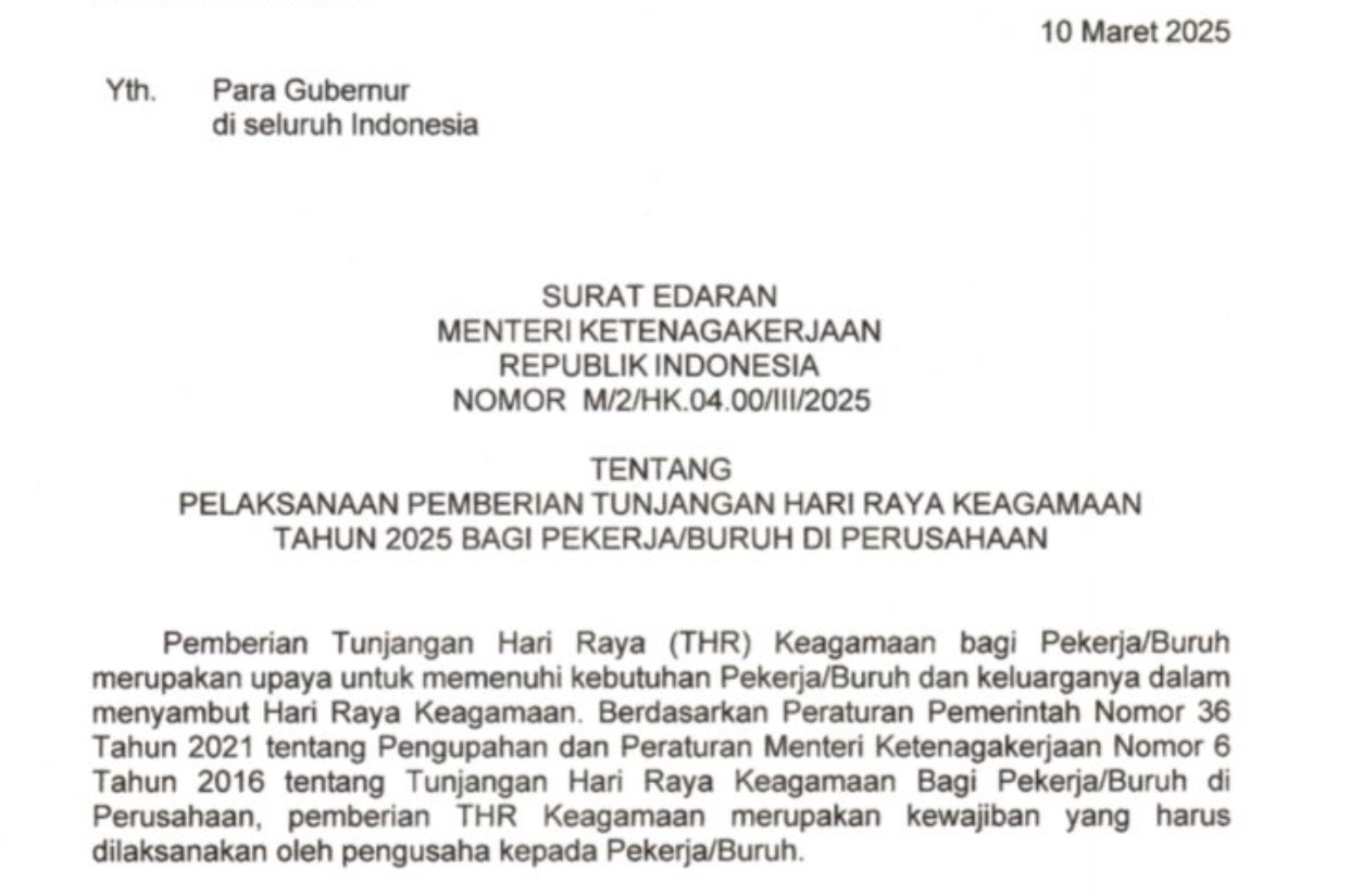 Surat Edaran Pelaksaaan Pemberian THR 2025 Bagi Buruh dan Pekerja oleh Perusahaan