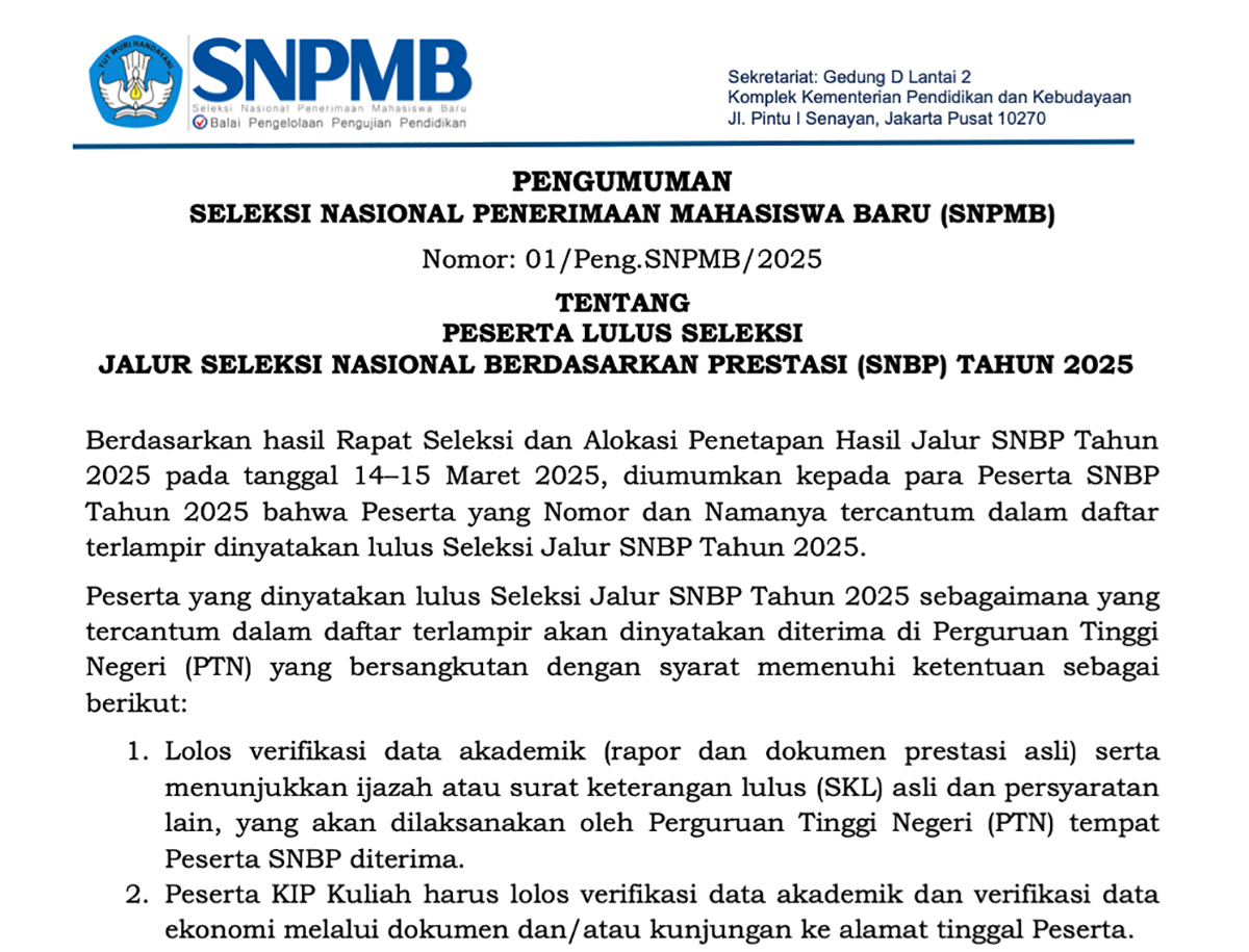 Daftar Tautan Mirror Pengumuman SNBP 44 Perguruan Tinggi Negeri