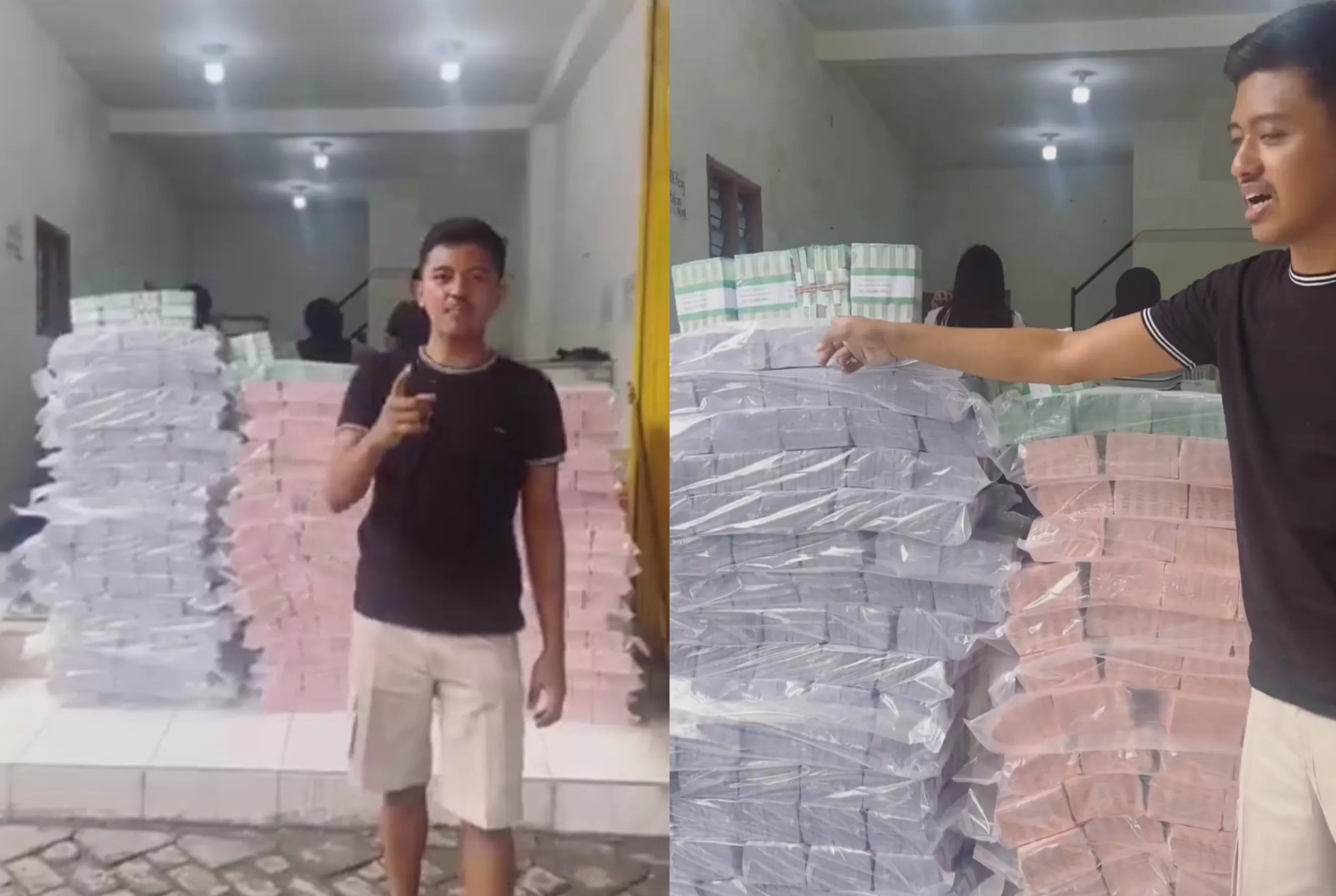 Aksi Wildan memamerkan tumpukan uang pecahan baru senilai Rp 2 Miliar.